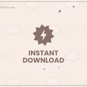 May include: A brown starburst with a lightning bolt inside, against a light beige background with white clouds. The text "INSTANT DOWNLOAD" is below the starburst.