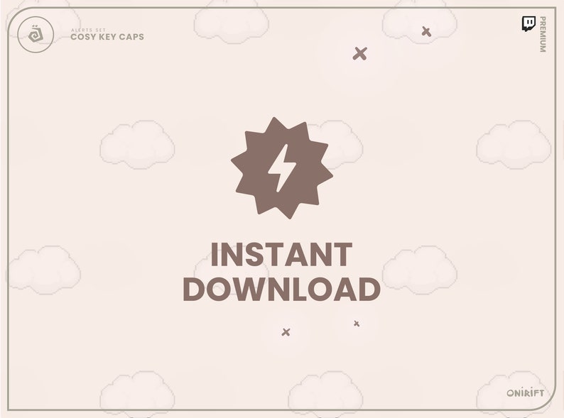 May include: A brown starburst with a lightning bolt inside, against a light beige background with white clouds. The text "INSTANT DOWNLOAD" is below the starburst.