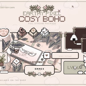 May include: A digital illustration of a stream package for Twitch or YouTube. The design features a pixelated, earthy boho theme with a light pink background. The package includes a variety of elements, such as a starting stream screen, a new subscriber alert, a latest follower alert, a game screen, and a chat box. The design also includes a variety of cute pixelated characters, such as a bear, a cat, and a bird.