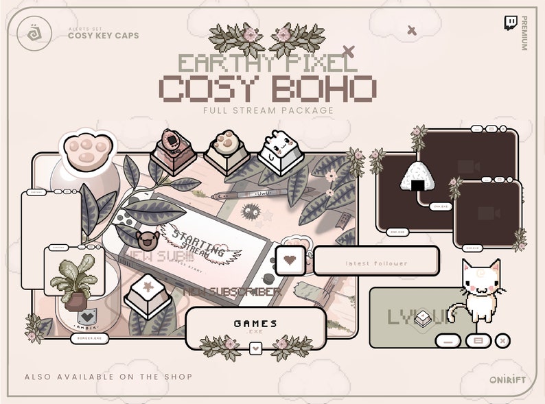 May include: A digital illustration of a stream package for Twitch or YouTube. The design features a pixelated, earthy boho theme with a light pink background. The package includes a variety of elements, such as a starting stream screen, a new subscriber alert, a latest follower alert, a game screen, and a chat box. The design also includes a variety of cute pixelated characters, such as a bear, a cat, and a bird.