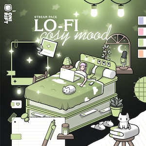 May include: An illustration of a cozy bedroom scene with the text "LO-FI cosy mood." A person is in bed with a laptop, a cat, and a microphone. The color palette is green and white, with string lights and a window.