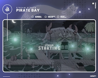 4 Twitch Animated Stream Screens - Pirate bay Jolly Roger  - Coastal Lair - Sea Storm - Harbour in Rainy Night
