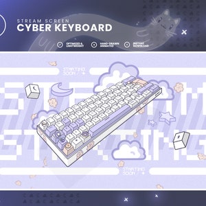 Pode incluir: Um teclado roxo e branco com um design de nuvens e estrelas. O teclado tem um fundo roxo claro com teclas brancas e uma borda roxo claro. O teclado é cercado por nuvens e estrelas. O texto "STARTING SOON/+" está escrito na imagem.