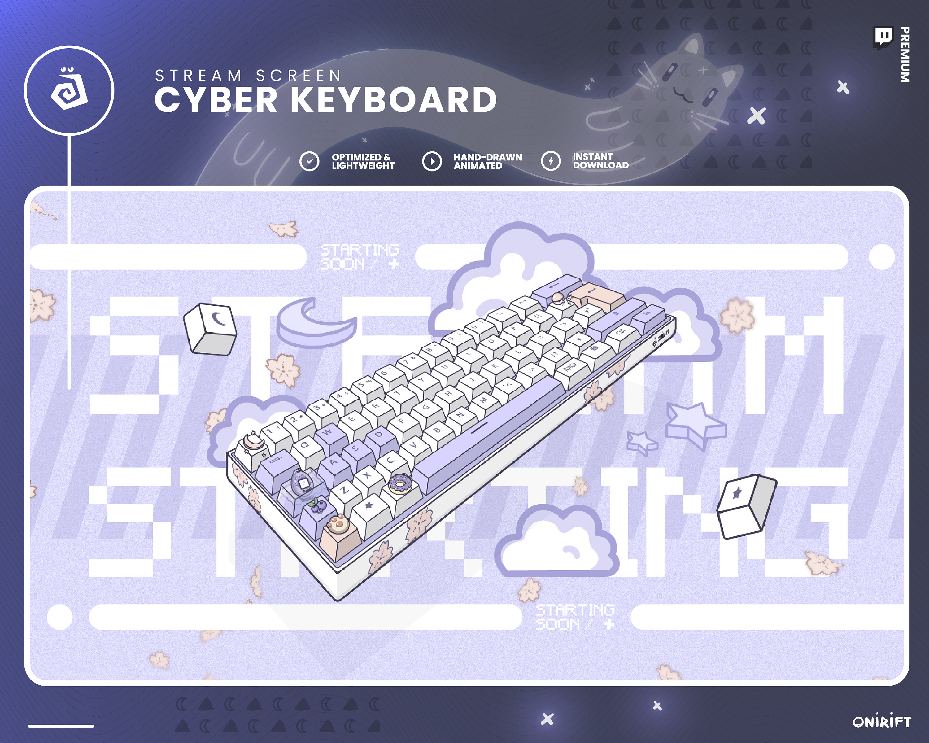 Cyber Koi Keyboard Twitch Animated Stream Screens - TWITCH, YOUTUBE - White and Lilac keyboard - Classy Gaming Screen - Lavender Start Soon