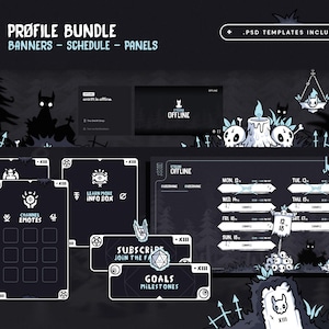May include: A profile bundle with banners, schedule, and panels. The design features a dark, gothic theme with illustrations of skulls, candles, and forest silhouettes. Includes offline screens, info boxes, and channel emotes. PSD templates are included.