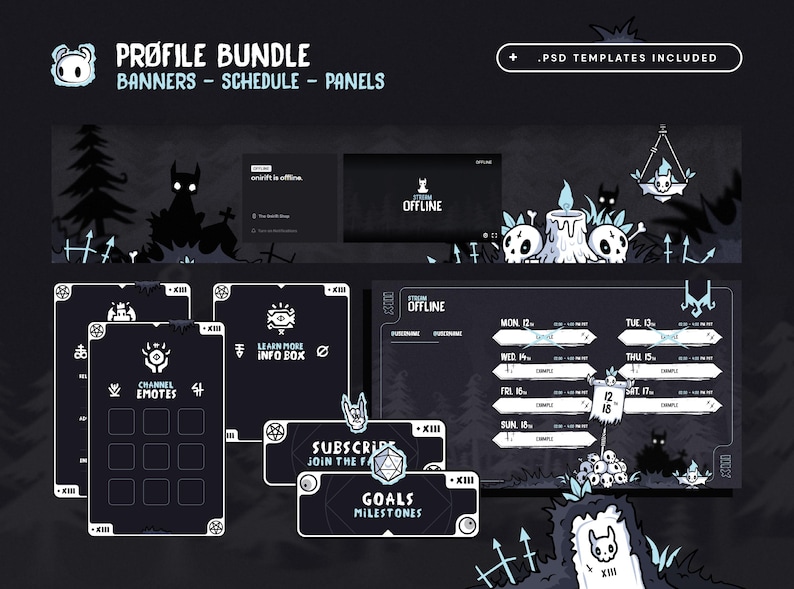 May include: A profile bundle with banners, schedule, and panels. The design features a dark, gothic theme with illustrations of skulls, candles, and forest silhouettes. Includes offline screens, info boxes, and channel emotes. PSD templates are included.
