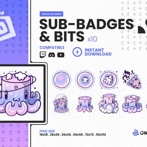 Insignia de suscripción de Twitch, pulpo de calamar, calamar rosa pastel mignon, animal y trozos x10, insignia de lealtad, suscripción a transmisión, gráficos para streamers