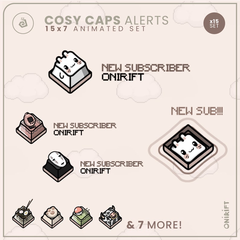 May include: A set of 15 animated keyboard keycaps featuring a variety of designs, including a bunny, a No Face character, and a variety of food items. The keycaps are designed for use with mechanical keyboards. The text "COSY CAPS ALERTS 15x7 ANIMATED SET" is displayed at the top of the image. The text "NEW SUBSCRIBER ONIRIFT" is displayed on three of the keycaps. The text "NEW SUB!!" is displayed on one of the keycaps. The text "& 7 MORE!" is displayed at the bottom of the image.