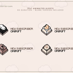 May include: Four animated Twitch alerts for new subscribers. Each alert features a different character on a beige keycap. The characters are a No Face from Spirited Away, a heart with the text "Hit Me", a paw print, and a cat face. The text "NEW SUBSCRIBER ONIRIFT" appears below each keycap.