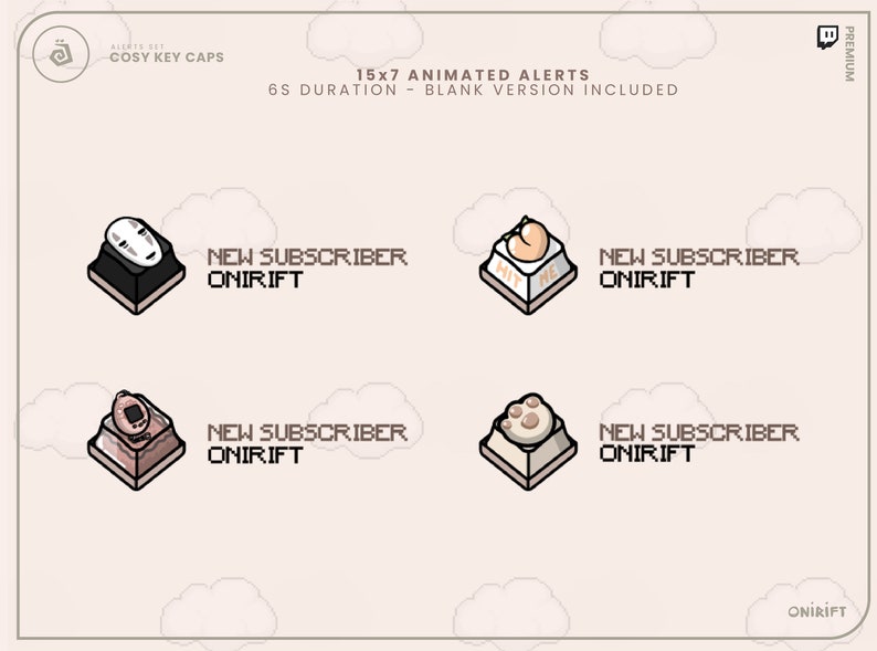 May include: Four animated Twitch alerts for new subscribers. Each alert features a different character on a beige keycap. The characters are a No Face from Spirited Away, a heart with the text "Hit Me", a paw print, and a cat face. The text "NEW SUBSCRIBER ONIRIFT" appears below each keycap.