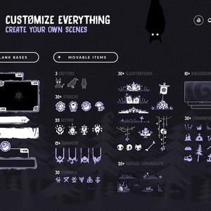 Puede incluir: Gr&aacute;fico morado oscuro con el texto "CUSTOMIZE EVERYTHING CREATE YOUR OWN SCENES". La imagen muestra varios elementos de dise&ntilde;o, incluyendo bases en blanco, elementos m&oacute;viles, ilustraciones, fondos y adornos. Una silueta de murci&eacute;lago.