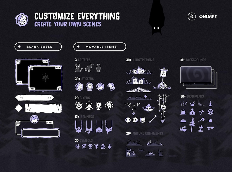 Puede incluir: Gr&aacute;fico morado oscuro con el texto "CUSTOMIZE EVERYTHING CREATE YOUR OWN SCENES". La imagen muestra varios elementos de dise&ntilde;o, incluyendo bases en blanco, elementos m&oacute;viles, ilustraciones, fondos y adornos. Una silueta de murci&eacute;lago.
