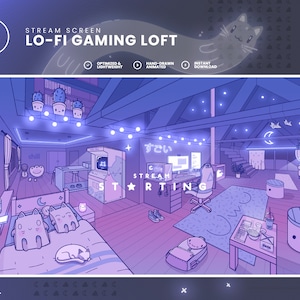 4 Twitch Animated Stream Screens - Youtube - Cute and Cosy LOFI Gaming Room, Loft - Kawaii & Uwu Chill Vibes - Purple Pink Gradient