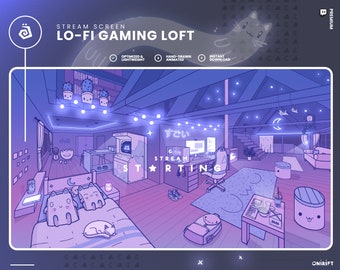 4 Twitch Animated Stream Screens - Youtube - Cute and Cosy LOFI Gaming Room, Loft - Kawaii & Uwu Chill Vibes - Purple Pink Gradient