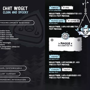May include: A digital graphic promoting a "Chat Widget" with a clean and spooky theme. The design features customizable options, user titles, and alert support, with text like "StreamElements Required" and "100% Customizable."