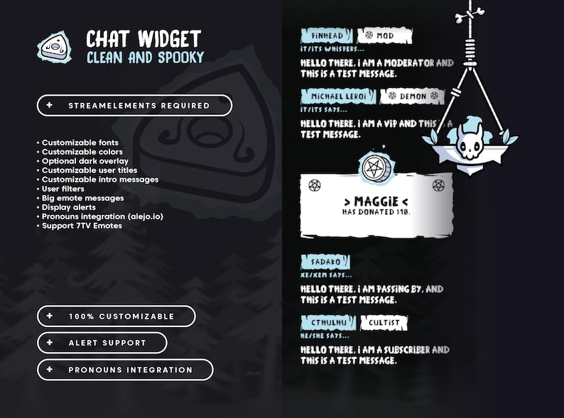 May include: A digital graphic promoting a "Chat Widget" with a clean and spooky theme. The design features customizable options, user titles, and alert support, with text like "StreamElements Required" and "100% Customizable."