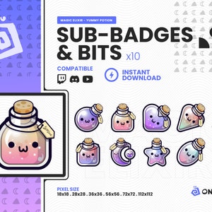 May include: A set of 10 digital sub-badges and bits featuring cute cartoon illustrations of potion bottles with different shapes and colors. The badges are compatible with Twitch and YouTube. The text "SUB-BADGES & BITS x10" is displayed at the top of the image. The text "INSTANT DOWNLOAD" is displayed below the badges.