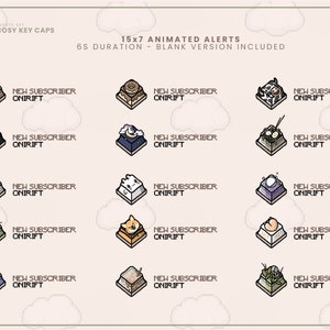 May include: A set of 15 animated alerts for Twitch, featuring various cute and quirky designs. Each alert is a 6-second animation with a blank version included. The alerts are designed to be used for new subscribers on Twitch.