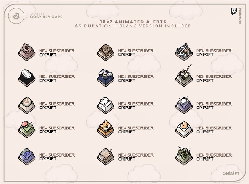 May include: A set of 15 animated alerts for Twitch, featuring various cute and quirky designs. Each alert is a 6-second animation with a blank version included. The alerts are designed to be used for new subscribers on Twitch.