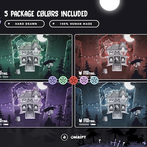 Puede incluir: Una ilustraci&oacute;n de una casa embrujada en cinco esquemas de color diferentes: verde, rojo, morado y azul. La imagen incluye el texto "5 COLORES DE PAQUETE INCLUIDOS", "DIBUJADO A MANO" y "100% HECHO POR HUMANOS". Una luna llena est&aacute; en el fondo.
