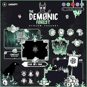 Peut inclure: Un ensemble de flux numérique sur le thème gothique sombre. Le design présente un fond noir avec des accents verts, notamment des icônes de crânes, de chauves-souris et d'une maison hantée. Le texte comprend "The Demonic Forest" et "5 Couleurs incluses."