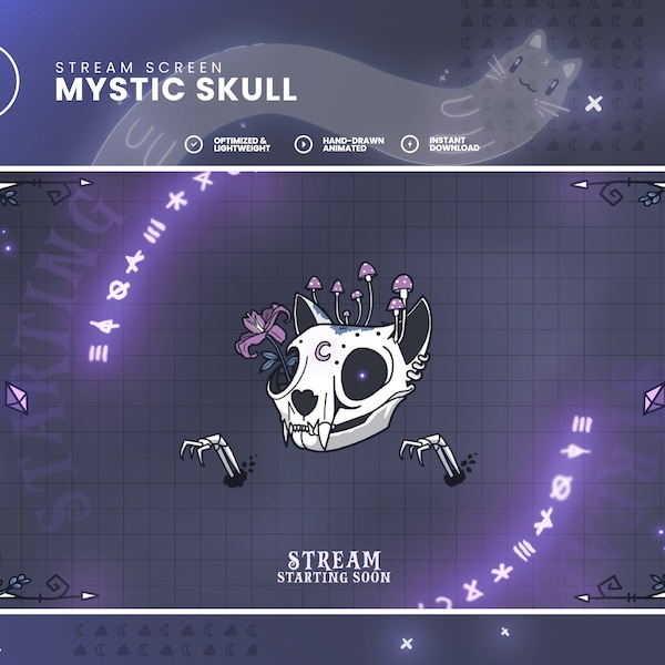 TWITCH Animated Stream Screens - Occult Esoteric Scene - Magic & Mystic Cat Skull - Violet - Spooky Goth Vibes - Youtube