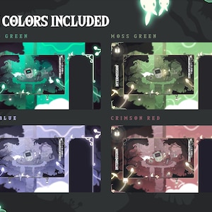 May include: Four different color variations of a digital art illustration of a forest scene with a glowing lantern, mushrooms, and a video game console. The text "INTERMISSION" and "STREAM STARTING" are visible in the image. The colors are teal green, moss green, icy blue, and crimson red.
