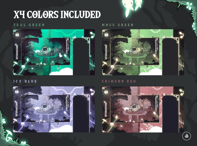 May include: Four different color variations of a digital art illustration of a forest scene with a glowing lantern, mushrooms, and a video game console. The text "INTERMISSION" and "STREAM STARTING" are visible in the image. The colors are teal green, moss green, icy blue, and crimson red.