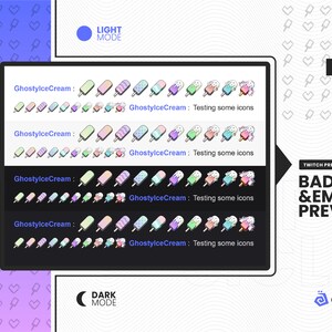 May include: A preview of Twitch badges and emotes featuring a variety of colorful ice cream cone designs. The text "GhostylceCream: Testing some icons" appears multiple times. The text "Twitch Preview" and "Badge & Emote Preview" are also visible. The image is displayed in both light and dark mode.