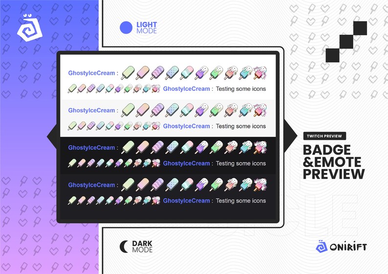 May include: A preview of Twitch badges and emotes featuring a variety of colorful ice cream cone designs. The text "GhostylceCream: Testing some icons" appears multiple times. The text "Twitch Preview" and "Badge & Emote Preview" are also visible. The image is displayed in both light and dark mode.