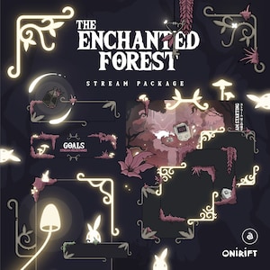 Könnte beinhalten: Ein Satz animierter Twitch-Stream-Overlays mit einem fantasievollen Wald-Thema. Die Overlays beinhalten eine Titelkarte, ein Ziel-Panel, einen Startbildschirm und verschiedene dekorative Elemente. Der Text "THE ENCHANTED FOREST STREAM PACKAGE" wird auf der Titelkarte angezeigt. Der Text "GOALS STREAM MILESTONES" wird auf dem Ziel-Panel angezeigt. Der Text "AM STARTING ストリームはこの後すぐ" wird auf dem Startbildschirm angezeigt.