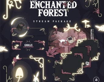 May include: A set of animated Twitch stream overlays featuring a whimsical forest theme. The overlays include a title card, a goals panel, a starting screen, and various decorative elements. The text "THE ENCHANTED FOREST STREAM PACKAGE" is displayed on the title card. The text "GOALS STREAM MILESTONES" is displayed on the goals panel. The text "AM STARTING ストリームはこの後すぐ" is displayed on the starting screen.