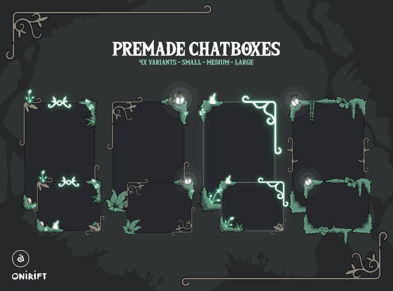 May include: A set of four chatbox frames with different sizes and variations. Each frame features a green and brown leafy border with glowing lights and floral accents. The text "PREMADE CHATBOXES" and "4X VARIANTS - SMALL - MEDIUM - LARGE" is displayed at the top of the image.