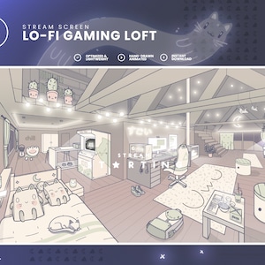 May include: A digital illustration of a cozy, light brown loft bedroom with a bed, a desk, a gaming chair, and a couch. The room is decorated with string lights, plants, and cute cat illustrations. The text "STREAM SCREEN LO-FI GAMING LOFT" is at the top of the image.