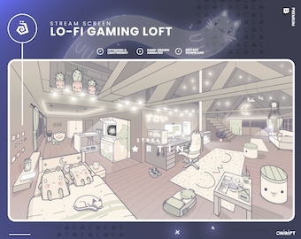 May include: A digital illustration of a cozy, light brown loft bedroom with a bed, a desk, a gaming chair, and a couch. The room is decorated with string lights, plants, and cute cat illustrations. The text "STREAM SCREEN LO-FI GAMING LOFT" is at the top of the image.
