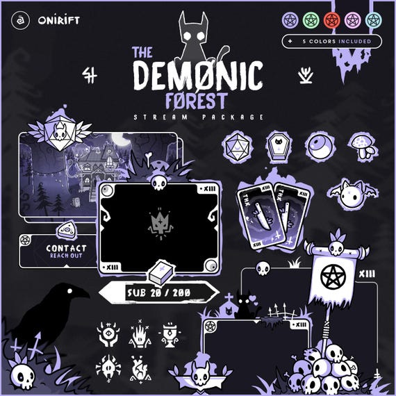 Demonic Forest - Purple Stream Pack for Twitch, Youtube, Kick. Gothic, Skull and bones, Spooky Overlay, Dark Forest pack, Occult & Devilish