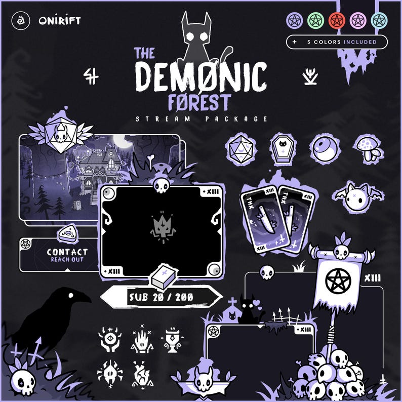 Puede incluir: Un paquete de transmisi&oacute;n digital con un tema g&oacute;tico oscuro. El dise&ntilde;o presenta una combinaci&oacute;n de colores negro y morado con ilustraciones de una casa embrujada, calaveras y un cuervo. El texto incluye "The Demonic Forest" y "5 Colores incluidos."