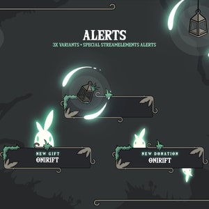 May include: A set of animated Twitch alerts featuring a glowing white rabbit and a lantern with green vines. The alerts say "New Gift Onirift" and "New Donation Onirift".
