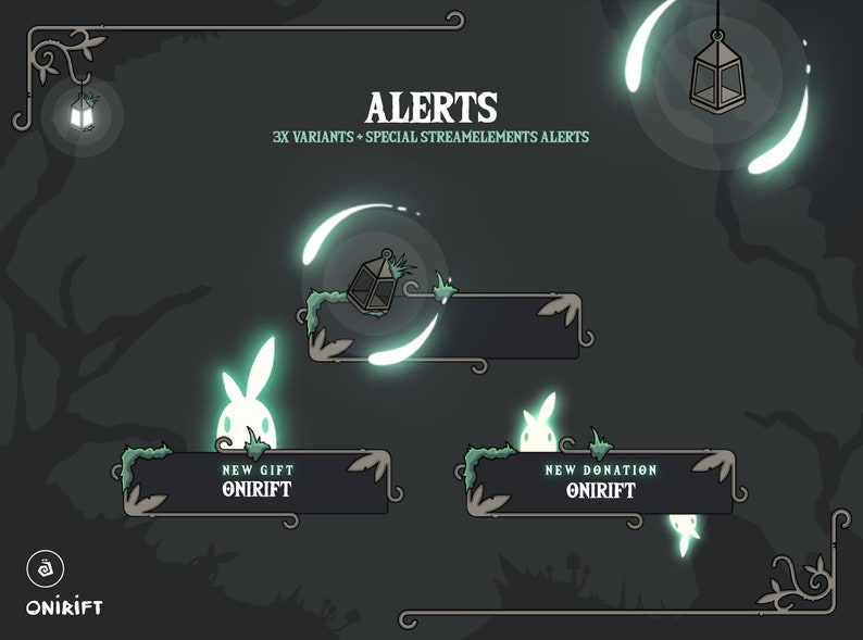May include: A set of animated Twitch alerts featuring a glowing white rabbit and a lantern with green vines. The alerts say "New Gift Onirift" and "New Donation Onirift".