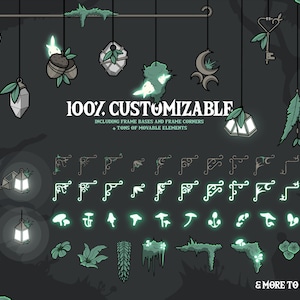 May include: A set of customizable digital illustrations featuring a variety of nature-inspired elements, including glowing lanterns, mushrooms, leaves, and vines. The illustrations are perfect for creating unique and whimsical designs.