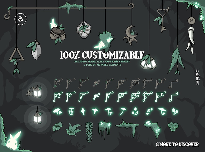 May include: A set of customizable digital illustrations featuring a variety of nature-inspired elements, including glowing lanterns, mushrooms, leaves, and vines. The illustrations are perfect for creating unique and whimsical designs.