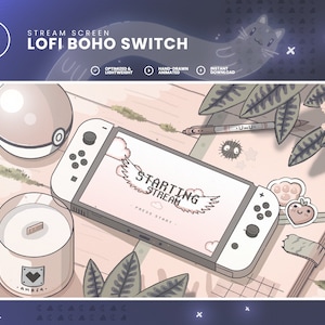 Op de afbeelding: Een digitale illustratie van een Nintendo Switch-console met een scherm dat de tekst "STARTING STREAM" en de woorden "PRESS START" weergeeft. De console wordt omringd door verschillende objecten, waaronder een kaars, een potplant, een notitieboekje en een Pokébal.