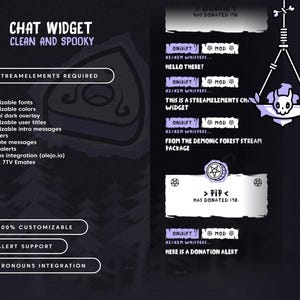 Puede incluir: Gr&aacute;fico digital que promociona un "Chat Widget" con un tema limpio y espeluznante. El dise&ntilde;o presenta fuentes, colores y t&iacute;tulos de usuario personalizables. La imagen incluye el texto "StreamElements Required" y "100% Customizable".