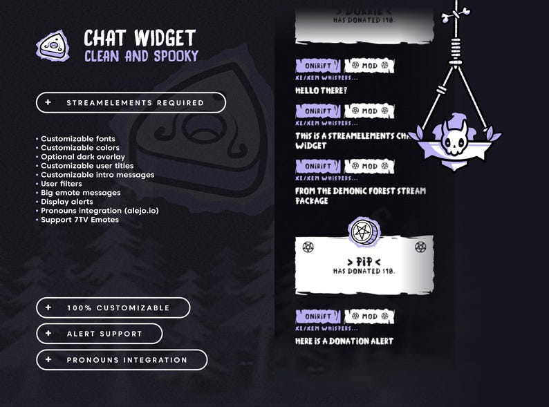 Puede incluir: Gr&aacute;fico digital que promociona un "Chat Widget" con un tema limpio y espeluznante. El dise&ntilde;o presenta fuentes, colores y t&iacute;tulos de usuario personalizables. La imagen incluye el texto "StreamElements Required" y "100% Customizable".
