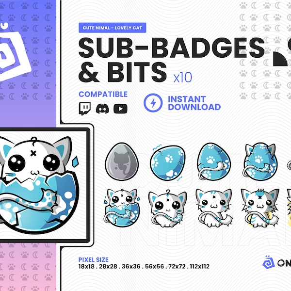 Cute Little Cat * Hatching Egg in Blue TWITCH SUB BADGE & Bits x10 Loyalty Badge, Graphics for Streamers