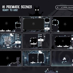 May include: A dark, stylized graphic featuring 16 premade scenes for digital content creation. The design includes a spooky theme with a haunted house, silhouettes, and the text "16 PREMADE SCENES READY TO USE!" and "VTUBER FRIENDLY".