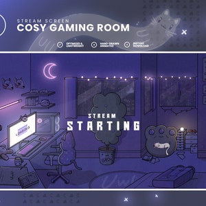 Może przedstawiać: Animowany ekran strumieniowy w kolorze fioletowym i niebieskim z tekstem "STREAM STARTING" w białym polu. Ekran zawiera kreskówkową ilustrację przytulnego pokoju do gier z komputerem, krzesłem, kotem i rośliną. Ekran został zaprojektowany do użytku na Twitchu lub YouTube.