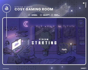 4 LOFI Twitch Animated Stream Screens - TWITCH, YOUTUBE - Cosy Gaming Room - Chill Rainy Outside - Night Vibes - Dark Violet with Pink Neons