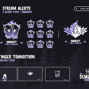 Puede incluir: Dise&ntilde;o gr&aacute;fico morado oscuro para alertas y transiciones de transmisi&oacute;n. El dise&ntilde;o incluye ilustraciones de cartas, un logotipo en forma de dado con una calavera y el texto "ONIRIFT SUB X 3 MONTHS". Tambi&eacute;n est&aacute; presente el texto "THE DEMONIC FOREST".