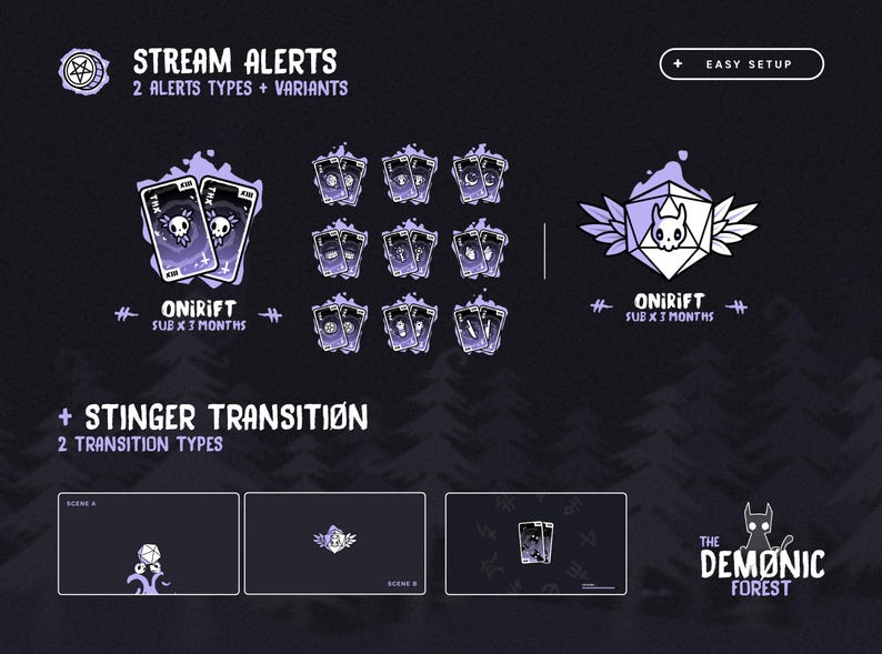 Puede incluir: Dise&ntilde;o gr&aacute;fico morado oscuro para alertas y transiciones de transmisi&oacute;n. El dise&ntilde;o incluye ilustraciones de cartas, un logotipo en forma de dado con una calavera y el texto "ONIRIFT SUB X 3 MONTHS". Tambi&eacute;n est&aacute; presente el texto "THE DEMONIC FOREST".